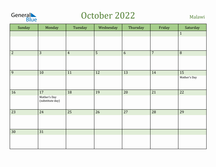 October 2022 Calendar with Malawi Holidays