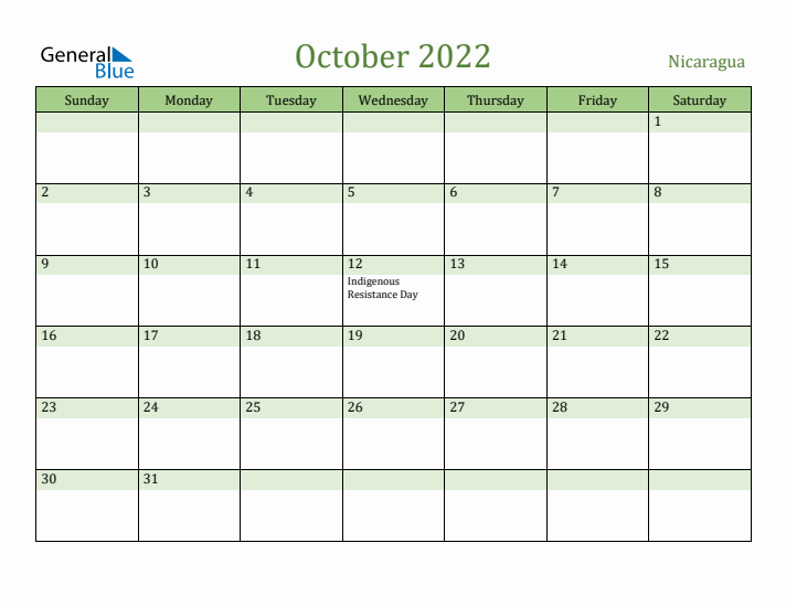 October 2022 Calendar with Nicaragua Holidays