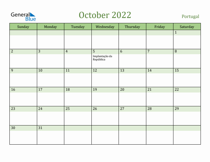 October 2022 Calendar with Portugal Holidays