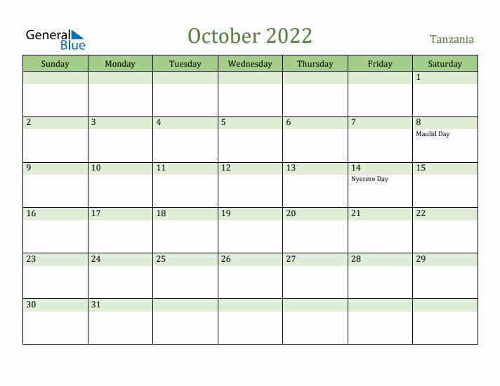 October 2022 Calendar with Tanzania Holidays