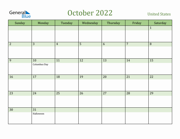 October 2022 Calendar with United States Holidays