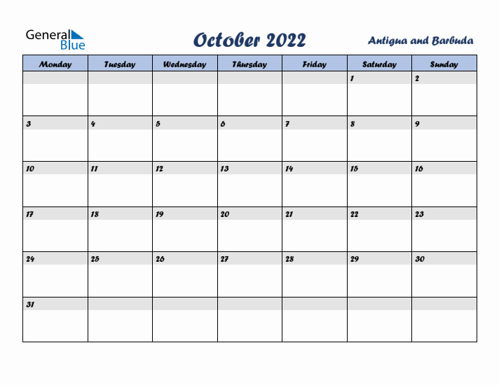 October 2022 Calendar with Holidays in Antigua and Barbuda