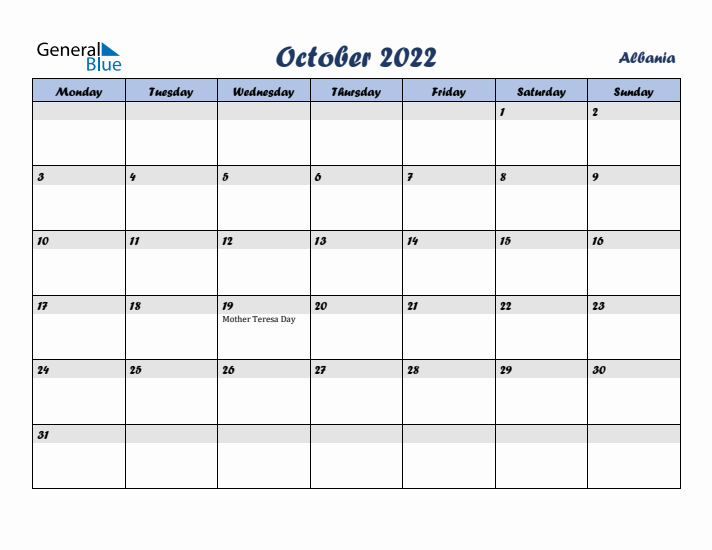 October 2022 Calendar with Holidays in Albania