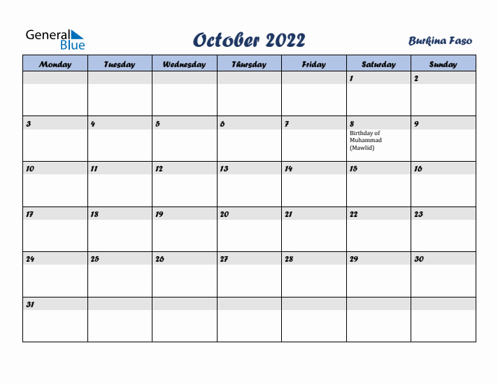 October 2022 Calendar with Holidays in Burkina Faso