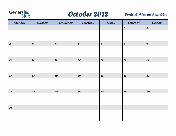 October 2022 Calendar with Holidays in Central African Republic