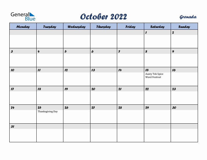 October 2022 Calendar with Holidays in Grenada