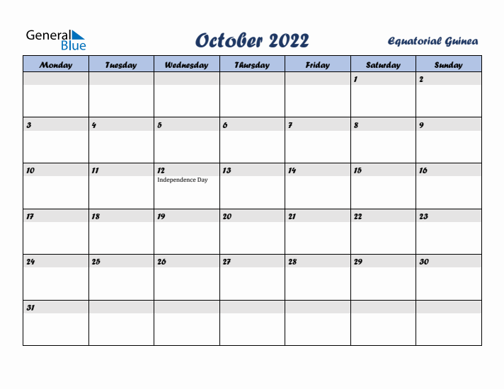 October 2022 Calendar with Holidays in Equatorial Guinea