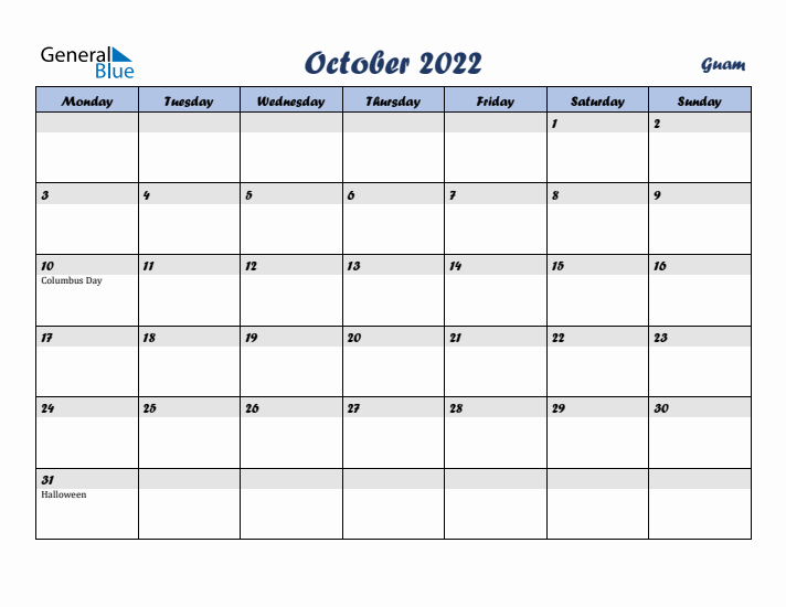 October 2022 Calendar with Holidays in Guam