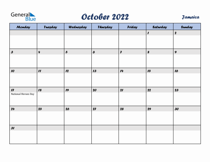 October 2022 Calendar with Holidays in Jamaica