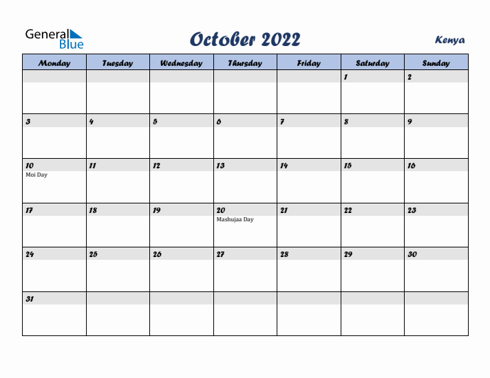 October 2022 Calendar with Holidays in Kenya