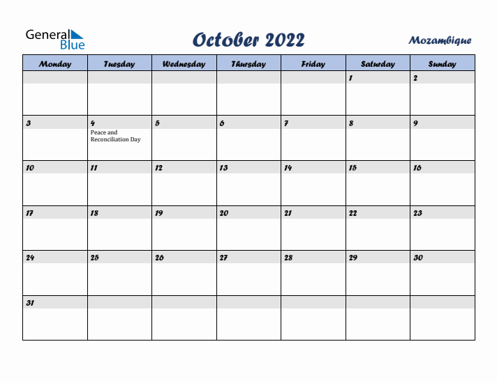 October 2022 Calendar with Holidays in Mozambique