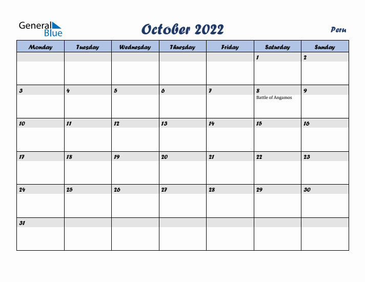 October 2022 Calendar with Holidays in Peru