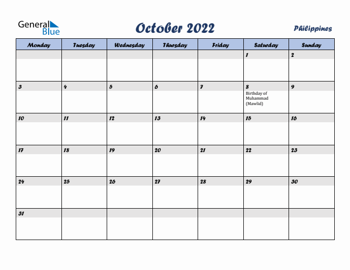 October 2022 Calendar with Holidays in Philippines