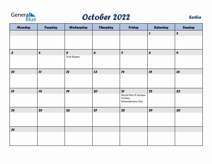 October 2022 Calendar with Holidays in Serbia