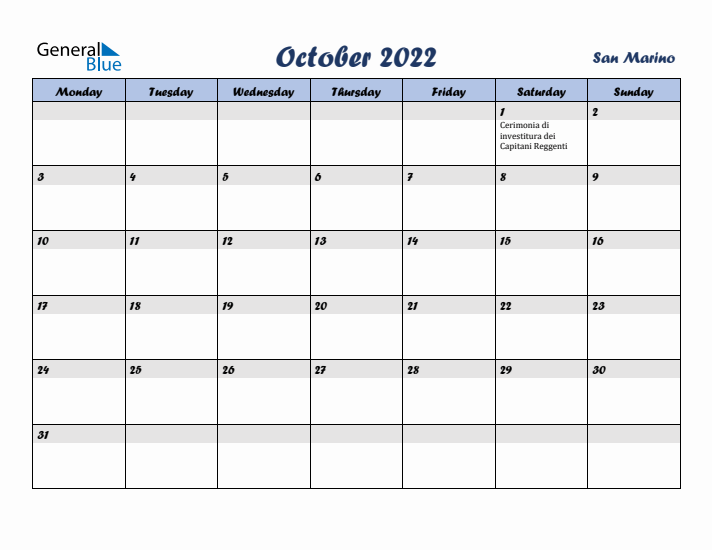 October 2022 Calendar with Holidays in San Marino