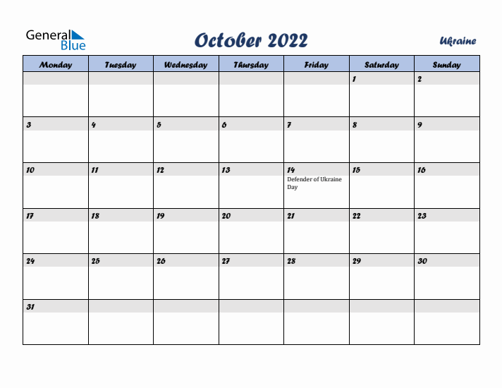 October 2022 Calendar with Holidays in Ukraine