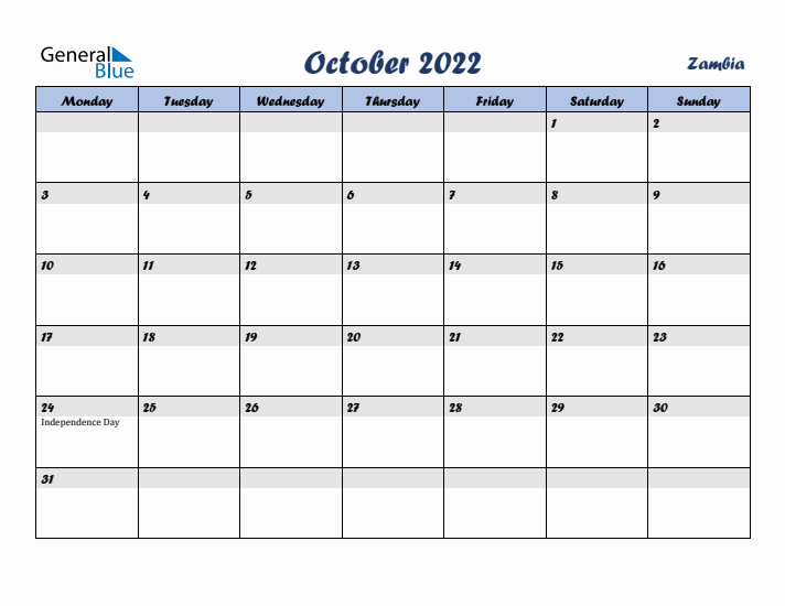 October 2022 Calendar with Holidays in Zambia