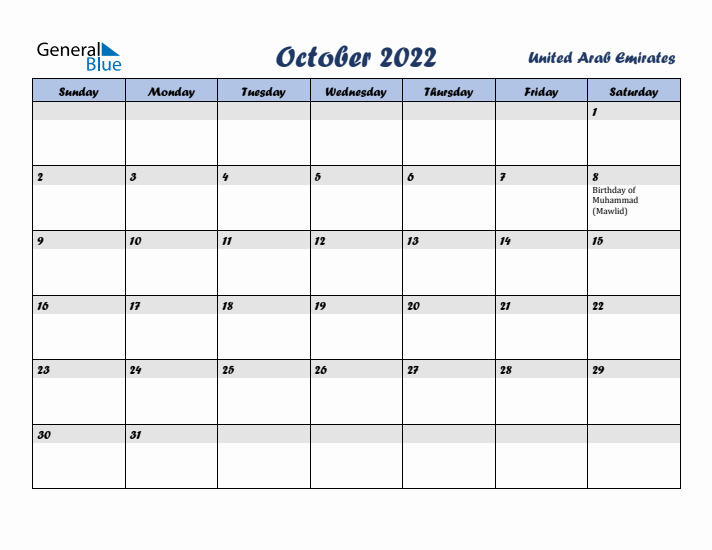 October 2022 Calendar with Holidays in United Arab Emirates