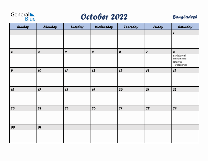 October 2022 Calendar with Holidays in Bangladesh