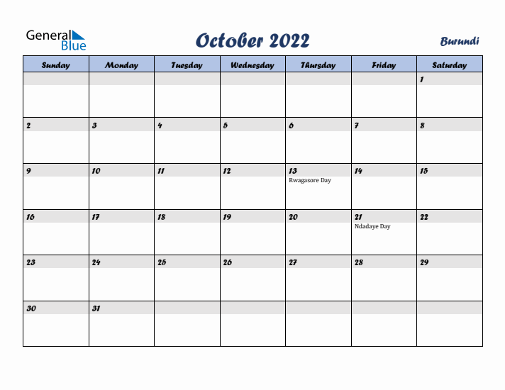 October 2022 Calendar with Holidays in Burundi