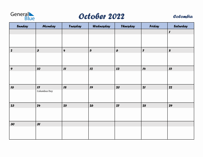 October 2022 Calendar with Holidays in Colombia