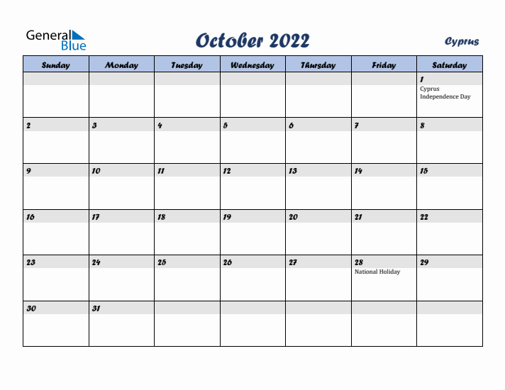 October 2022 Calendar with Holidays in Cyprus