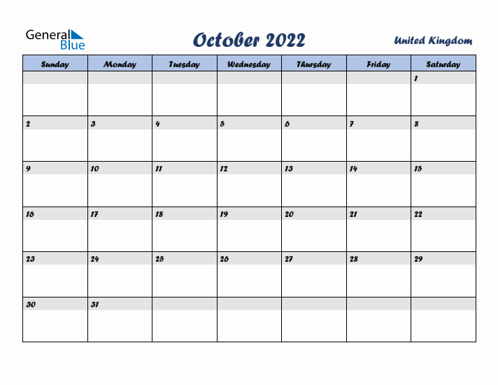 October 2022 Calendar with Holidays in United Kingdom