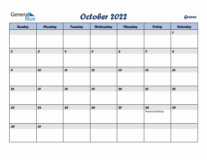 October 2022 Calendar with Holidays in Greece