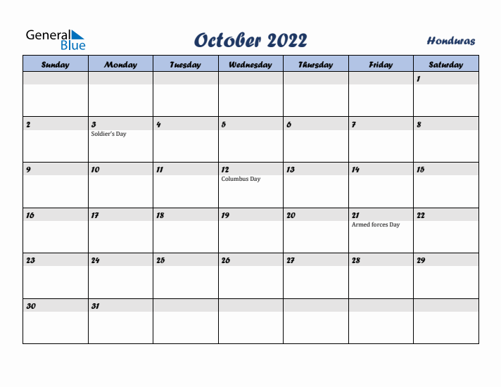 October 2022 Calendar with Holidays in Honduras