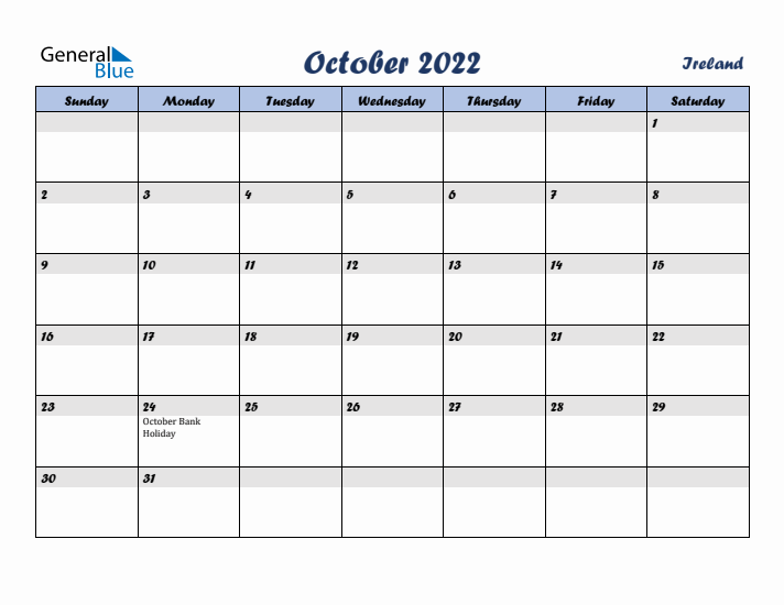 October 2022 Calendar with Holidays in Ireland