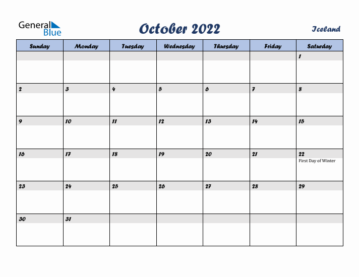 October 2022 Calendar with Holidays in Iceland