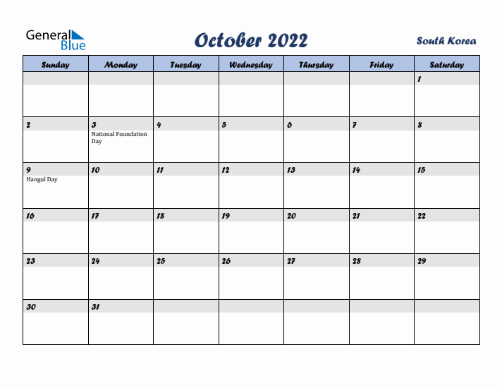 October 2022 Calendar with Holidays in South Korea