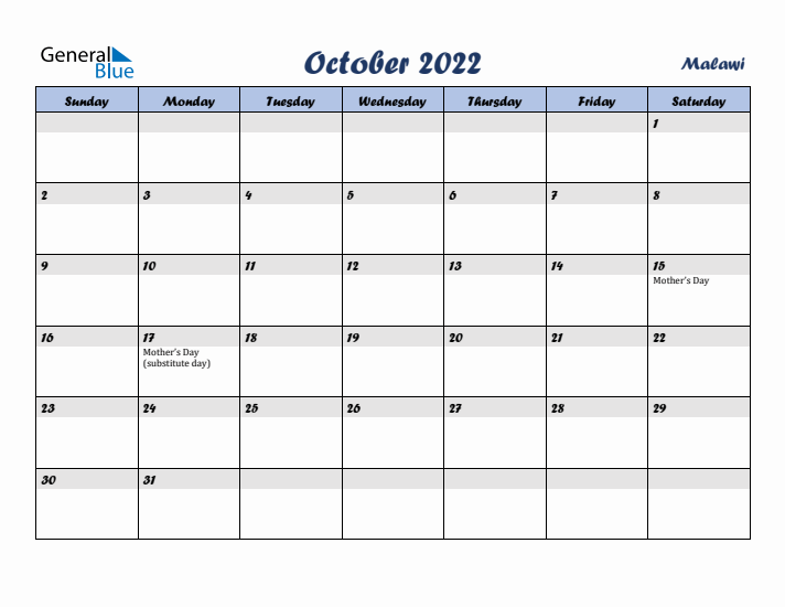 October 2022 Calendar with Holidays in Malawi