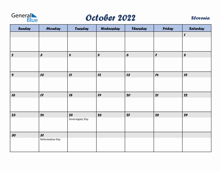 October 2022 Calendar with Holidays in Slovenia