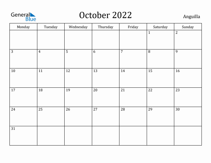 October 2022 Calendar Anguilla