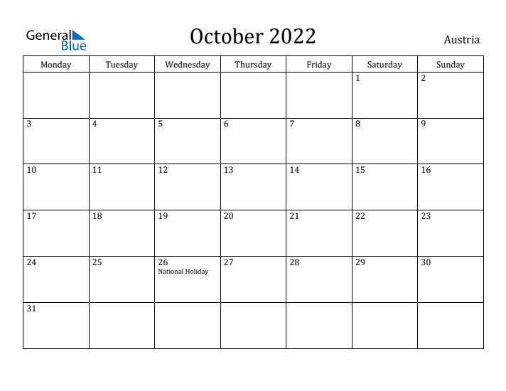 October 2022 Calendar Austria