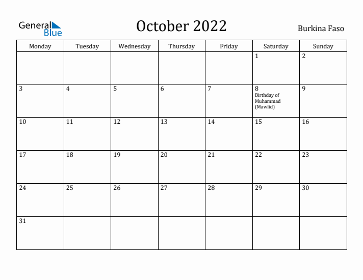 October 2022 Calendar Burkina Faso