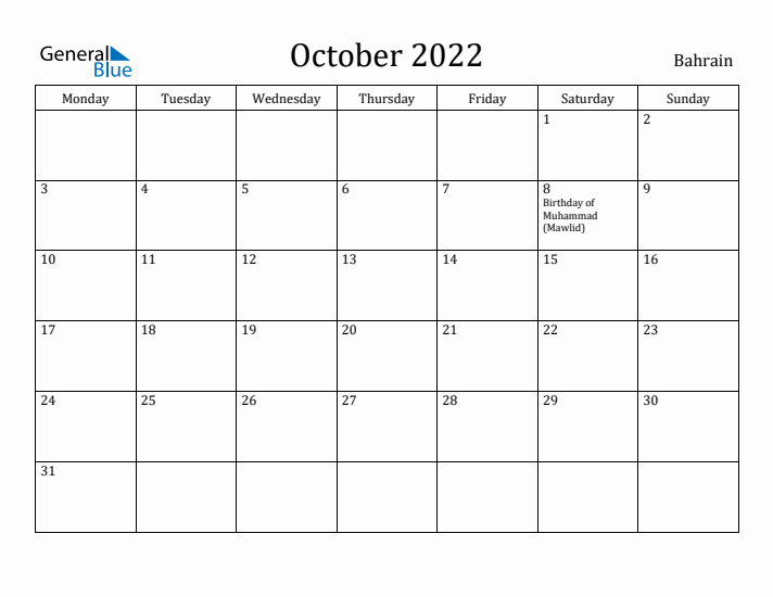 October 2022 Calendar Bahrain