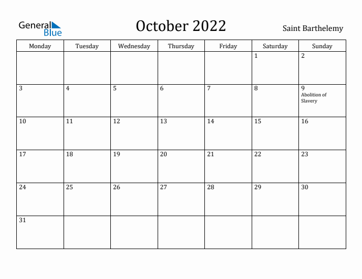 October 2022 Calendar Saint Barthelemy