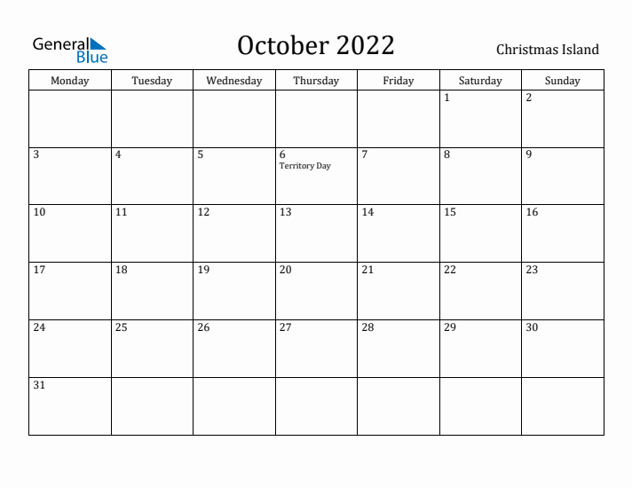 October 2022 Calendar Christmas Island