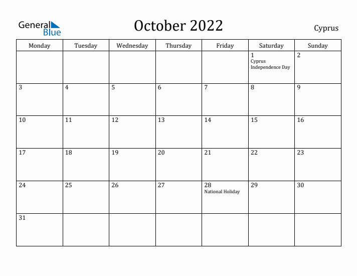 October 2022 Calendar Cyprus