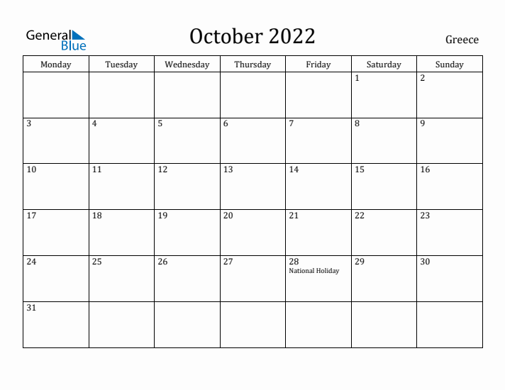 October 2022 Calendar Greece