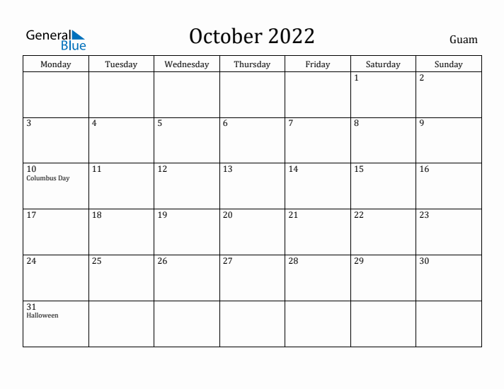 October 2022 Calendar Guam