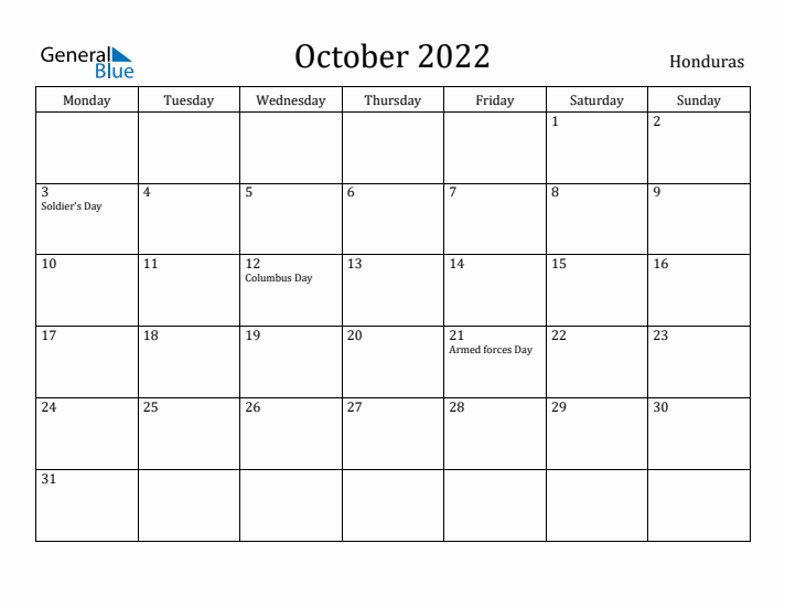 October 2022 Calendar Honduras