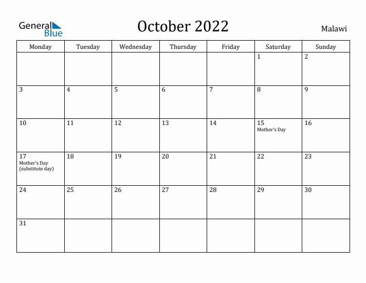 October 2022 Calendar Malawi