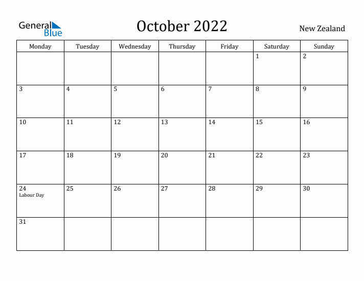 October 2022 Calendar New Zealand