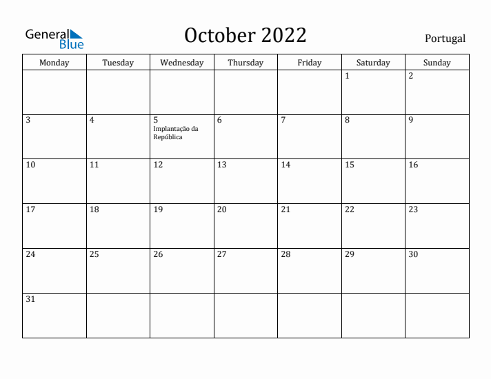 October 2022 Calendar Portugal