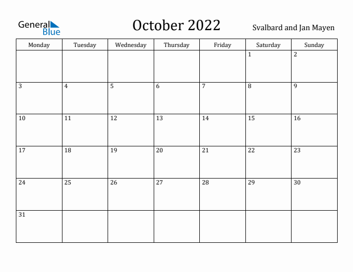 October 2022 Calendar Svalbard and Jan Mayen