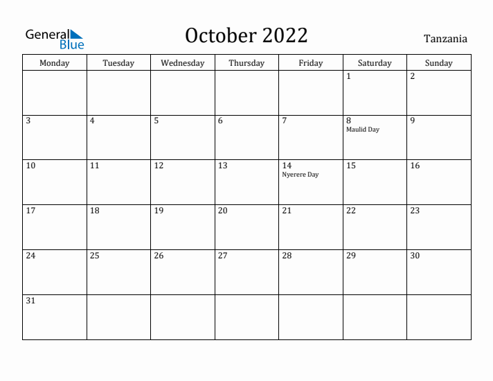 October 2022 Calendar Tanzania