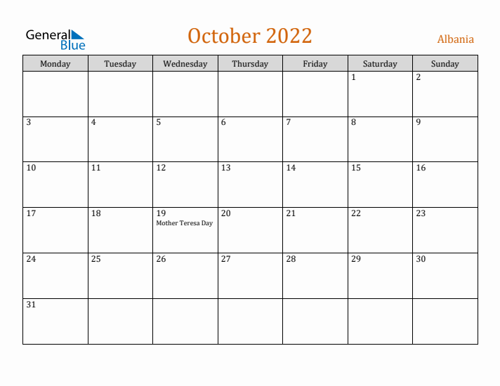 October 2022 Holiday Calendar with Monday Start